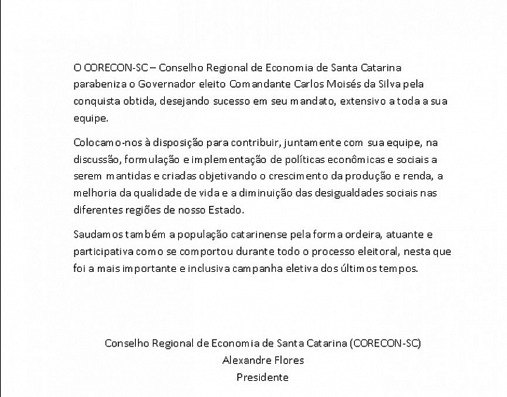 Corecon-SC parabeniza o governador eleito Carlos Moisés da Silva - Corecon/SC