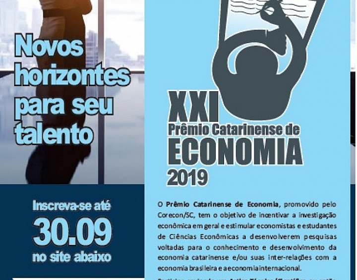 Abertas as incrições para o 21º Prêmio Catarinense de Economia - Corecon/SC
