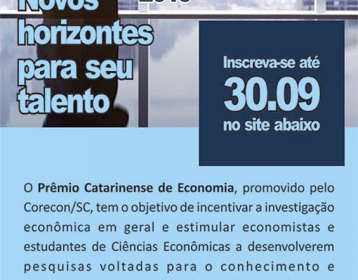 Abertas as inscrições para o 21º Prêmio Catarinense de Economia - Corecon/SC